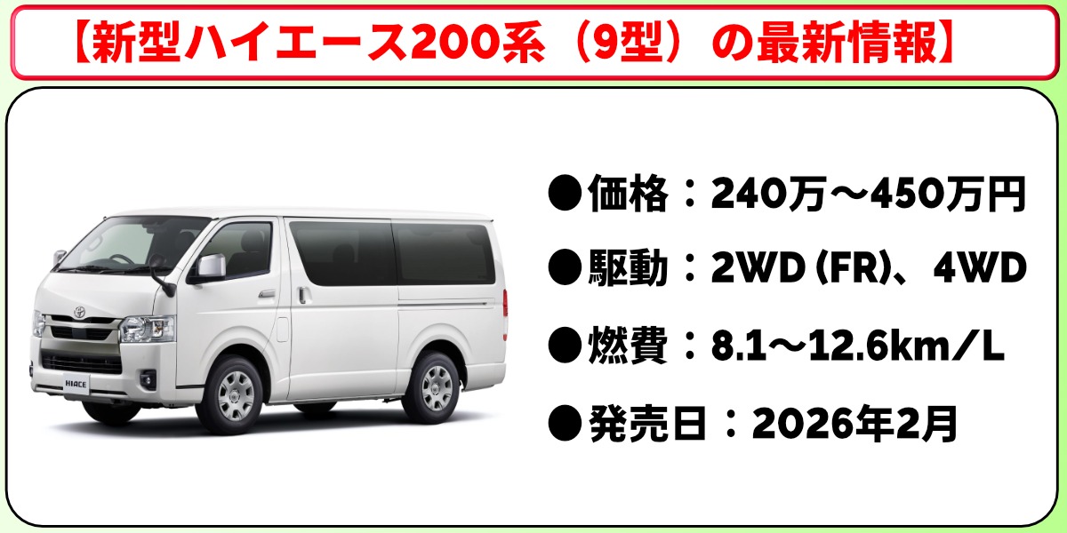 2026年7月】新型ハイエースの最新情報！400系や200系（9型）の価格や